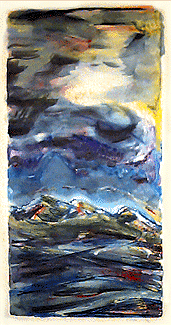 Night on Electric Pass, monoprint, a deeply colorful midnight mountain image