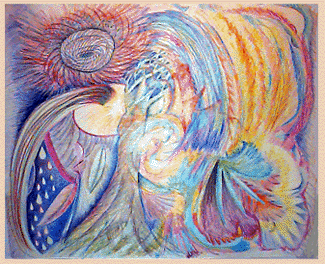 large vigorous drawing with swirling forms and colors